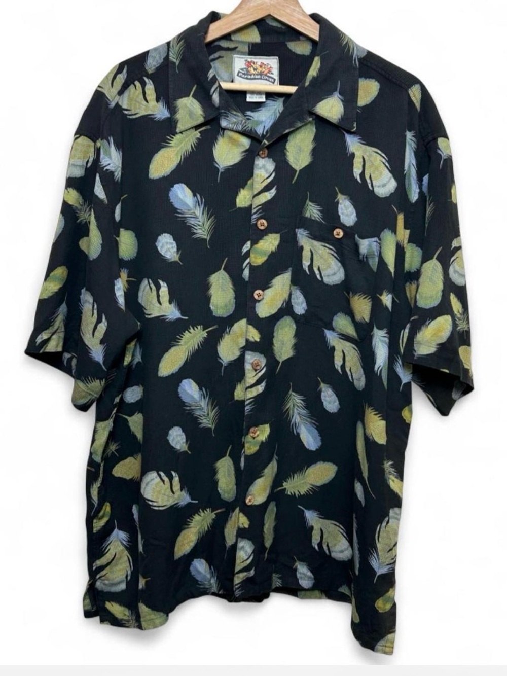 Paradise Coves Hawaiian Shirt Mens XXL Silk Rayon Feather Print Black Aloha